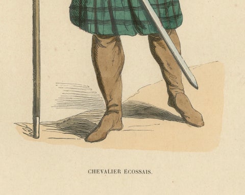 Scottish Knight in Tartan Attire with Heraldic Shield, Costume Di Moyen Age 1847, close-up 1