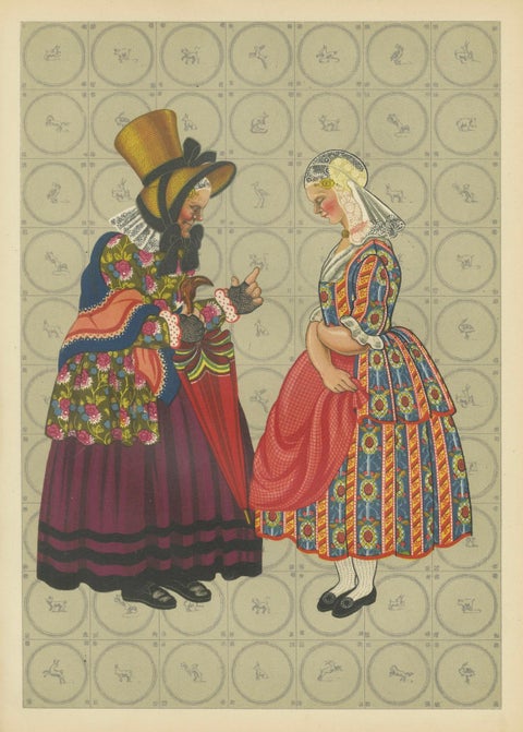 Chromolithograph of Groningen Women in Chintz and Flodder Muts Headdresses, 1932, close-up 6
