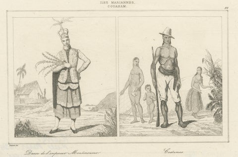 Antique Oceania Engravings, Guam Chamorro Life, Distillery and Costumes, 1836, close-up 3