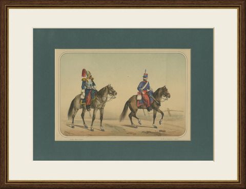 Spanish Cavalry Lithograph by José Rubio y Villegas: Cuirassier and Lancer, 1861, shown framed