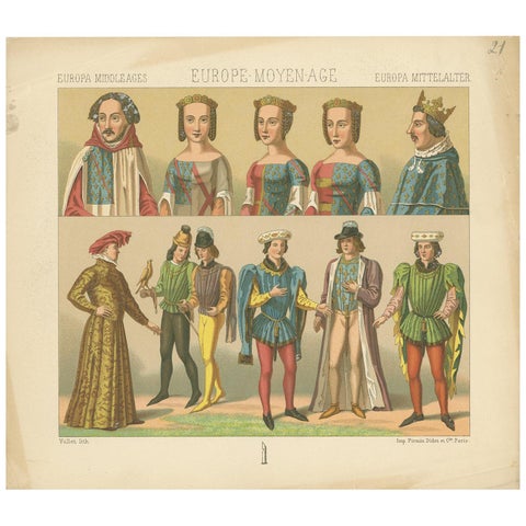 Pl. 21 Antique Print of European Costumes by Racinet 'circa 1880'