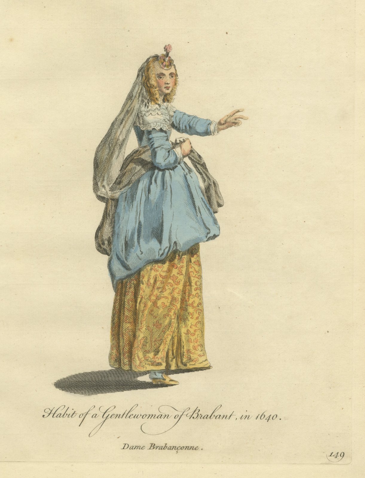 Gentlewoman of Brabant in 1640, Hand Colored Jefferys Costume Plate, 1757