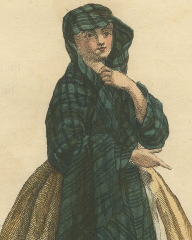 Lady in the Highlands of Scotland in 1745, Tartan Plaid, Jefferys Plate, 1757, close-up 1