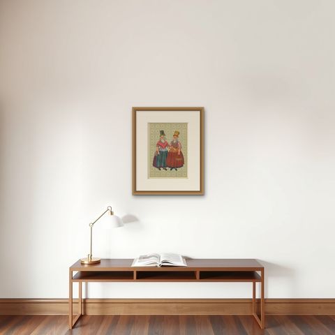 Chromolithograph of Frisian Women in Tall Sunday Hats and Checked Aprons, 1932, shown framed on a wall