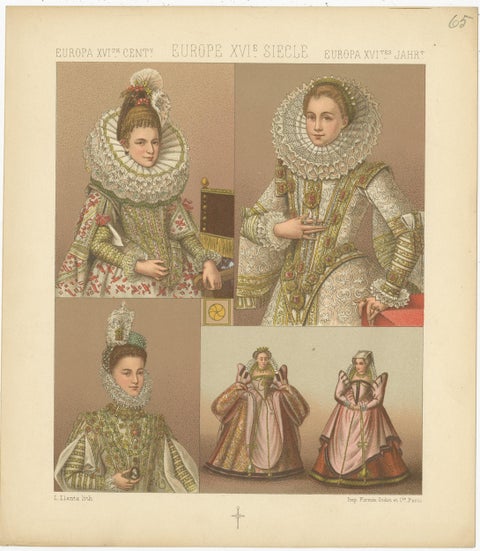 Pl. 65 Antique Print of European XVIth Century Costumes by Racinet 'circa 1880', view 2