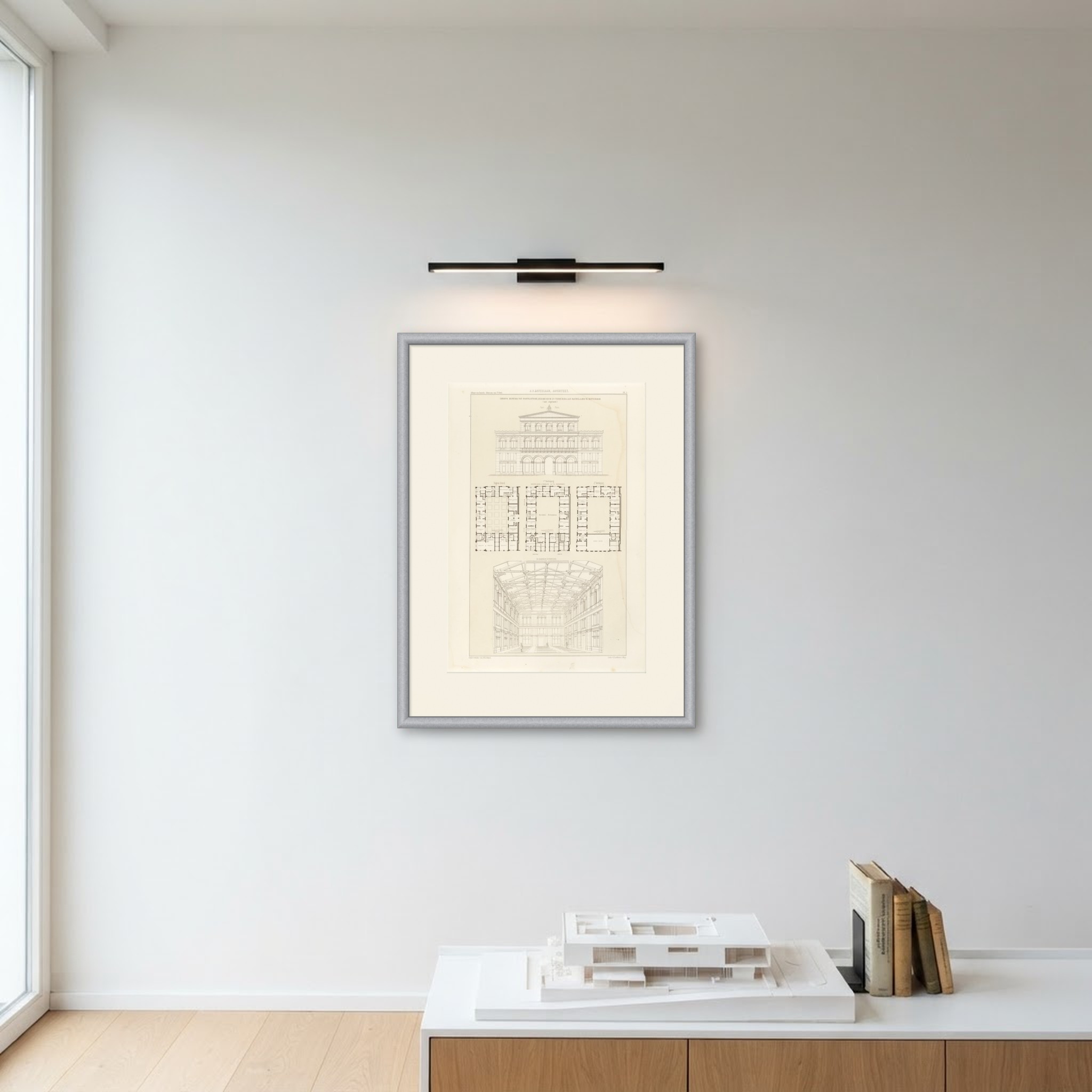 Unbuilt Rotterdam Post Office, Dutch Architecture Print, Leliman, 1865-1866, shown framed on a wall