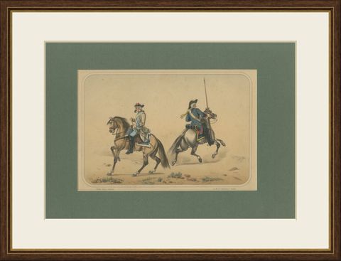 Spanish Cavalry Lithograph by José Rubio y Villegas: Mounted Lancer, 1861, shown framed