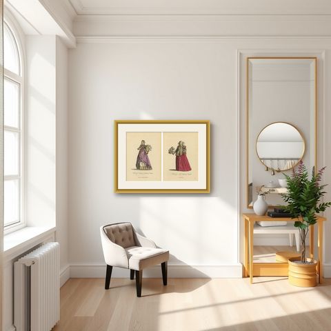 Italian Noblewomen Costume Engravings from Naples, Hand-Colored, 1749, shown framed in a room