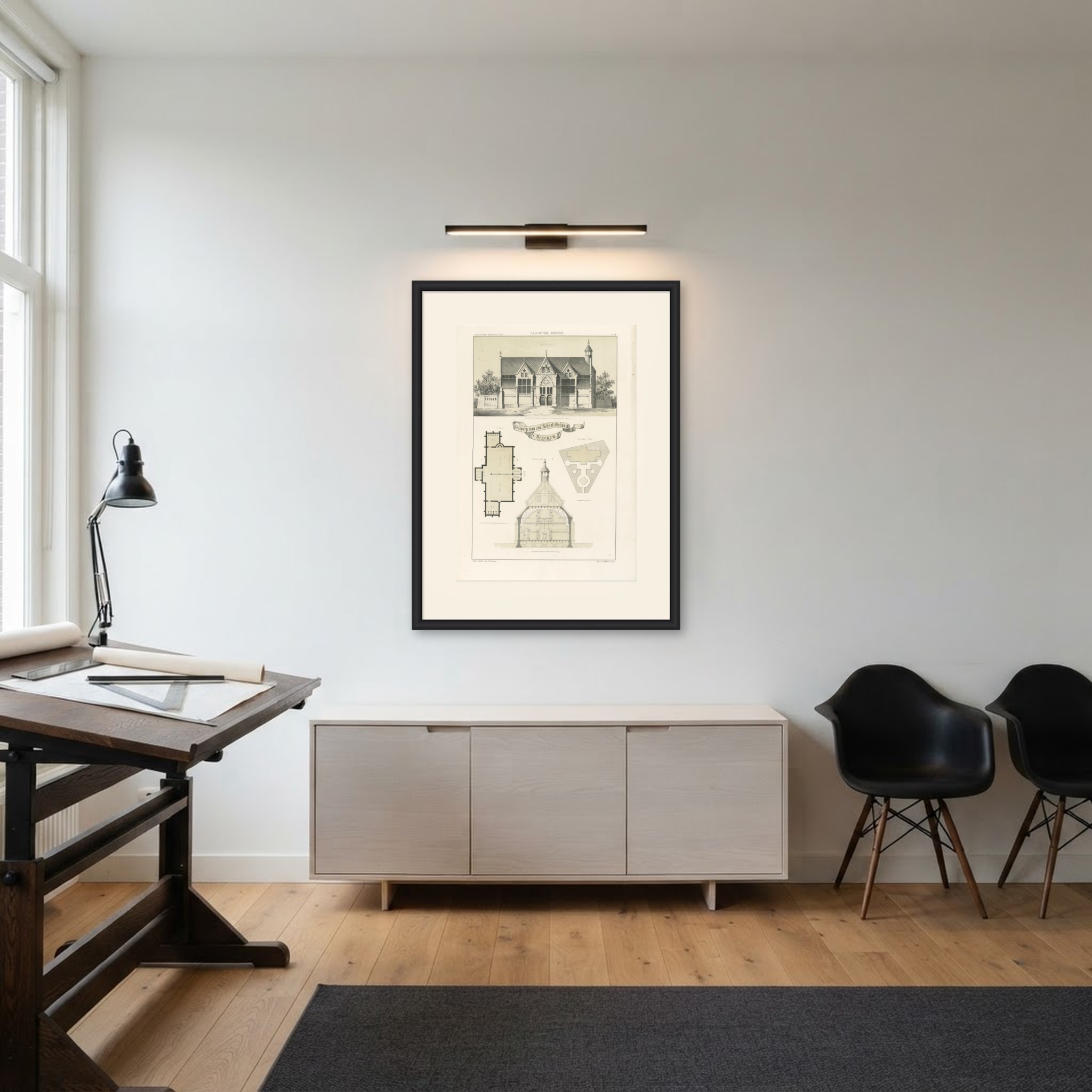 Cuypers Gothic School, Limburg, Dutch Architecture Print, Leliman, 1865-1866, shown framed in a room