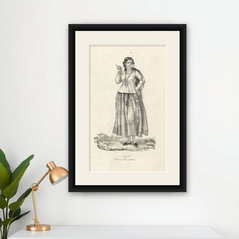 19th Century Guam Costume Lithograph, Angela, Smoking Woman from Gubam Island, shown framed on a wall
