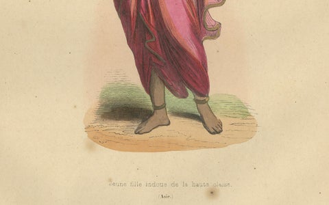Elegant 1844 Lithograph of a High-Class Indian Woman in Traditional Saree, close-up 2