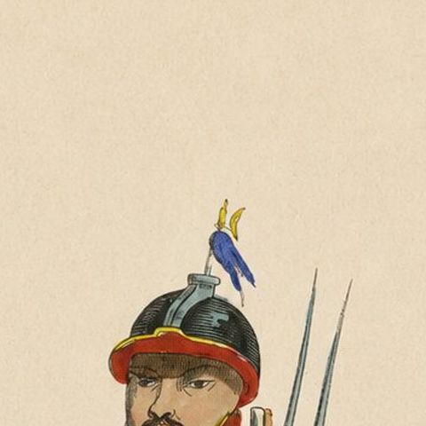 Chinese Infantry Soldier Costume Print, Hand-Colored Military Plate, 1854, close-up 1