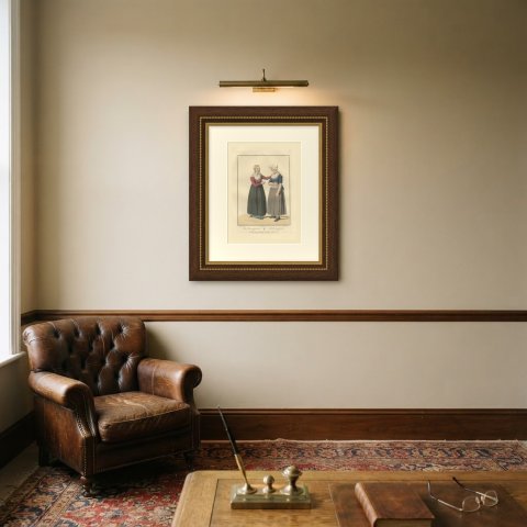 The Conversation, Dutch Costume Print, Maaskamp, 1811, shown framed on a wall