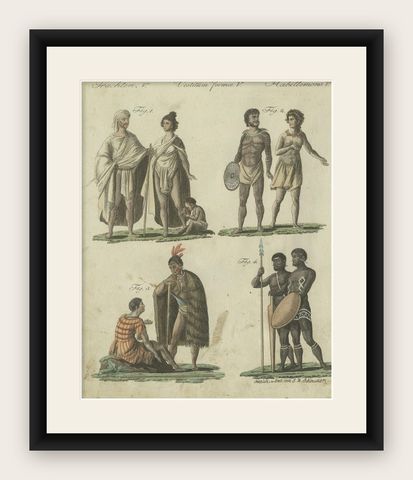 Antique Print of Inhabitants and Costumes of Australia by Bertuch, circa 1800, shown framed