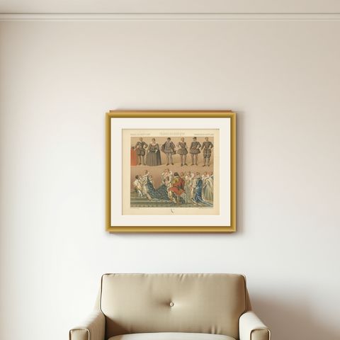Pl. 84 Antique Print of French XVI-XVIIth Century Costumes by Racinet circa 1880, shown framed on a wall