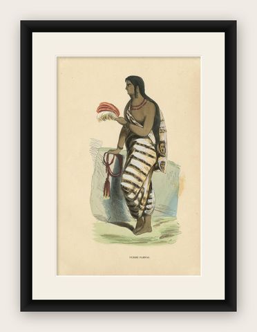 Antique Costume Print of a Pampas Woman by Wahlen, 1843, shown framed