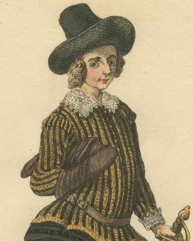 Habit of Sir Philip Sidney in 1580, Hand Colored Jefferys Costume Plate, 1757, close-up 1