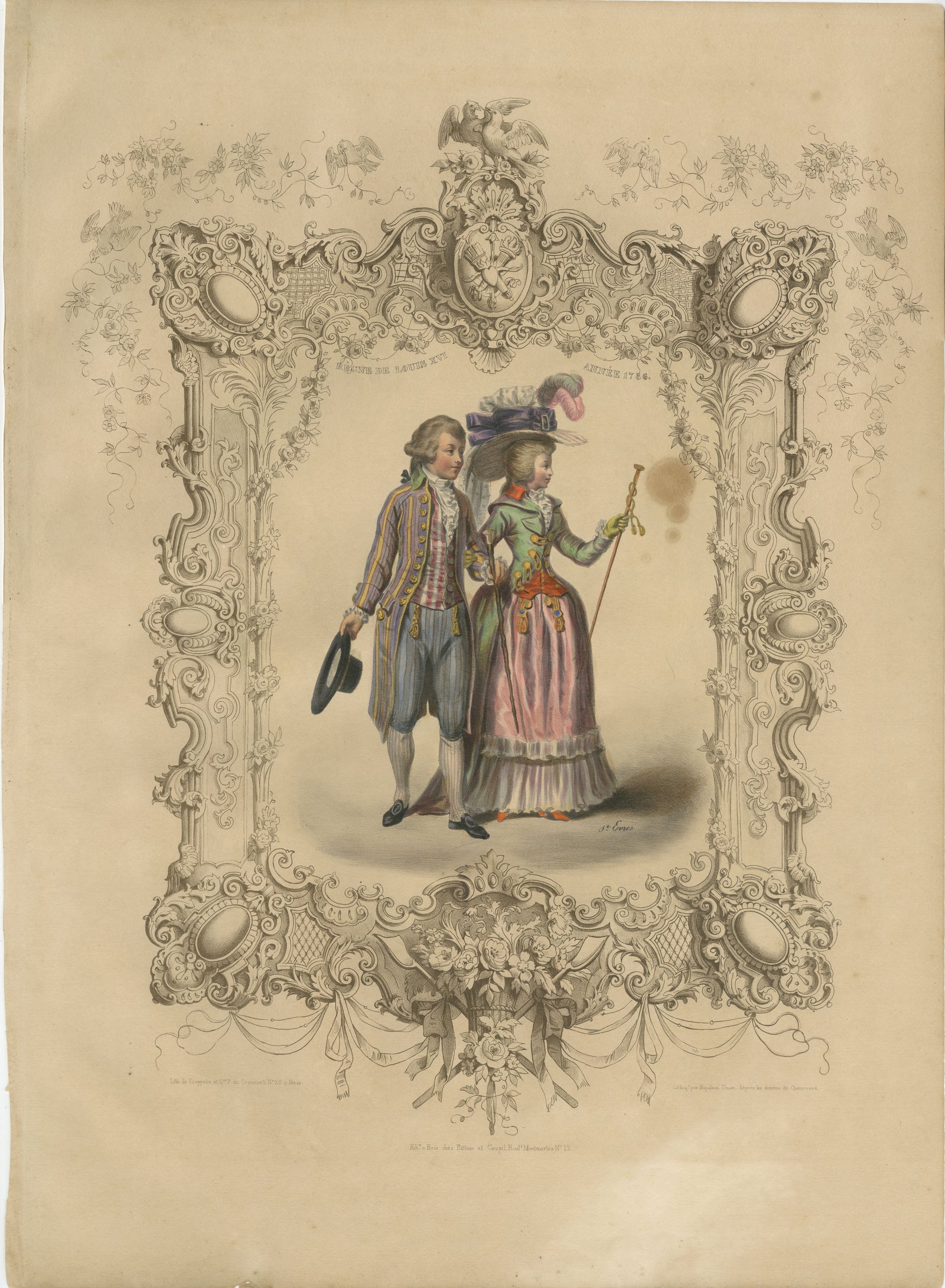 Louis XVI French Rococo Court Costume Lithograph, 1778, Published 1847