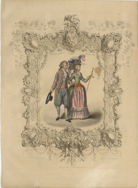 Louis XVI French Rococo Court Costume Lithograph, 1778, Published 1847