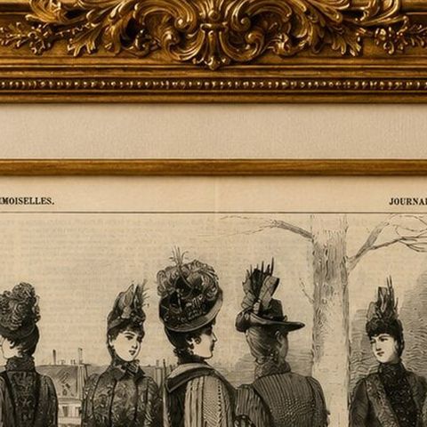 Large Antique French Fashion Plate, Winter Costumes Paris, c.1880, close-up 5