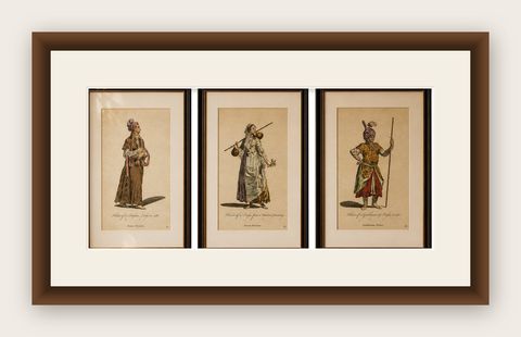 Antique Persian Costume Prints Set of 3, Hand-Colored Engravings, 1749, shown framed