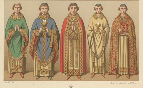 Medieval European Clergy Costumes by Racinet, Gothic Vestments, 1888, close-up 2