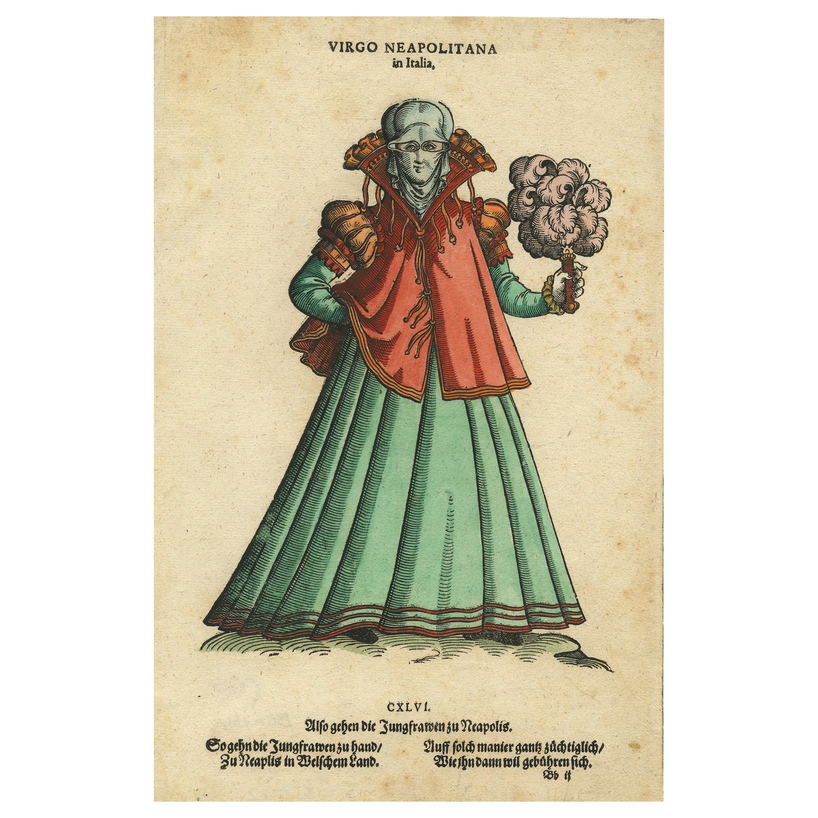 Virgin Woman from Naples, Antique Hand-Colored Woodcut by Jost Amman, 1577