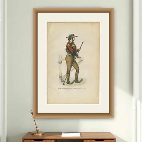 Spanish Bullfight Picador - Antique Costume Lithograph, c.1852, shown framed on a wall