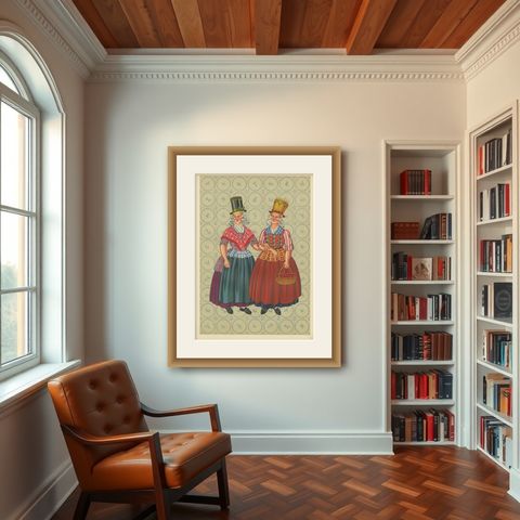 Chromolithograph of Frisian Women in Tall Sunday Hats and Checked Aprons, 1932, shown framed in a room