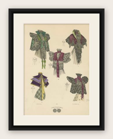 Victorian Splendor: Elegant Shawls and Mantles in Lithograph, Published in 1889, shown framed