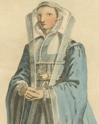 Second Bridal Dress of a Lady of Cologne in Blue Gown and Veil, 1588, 1757, close-up 1