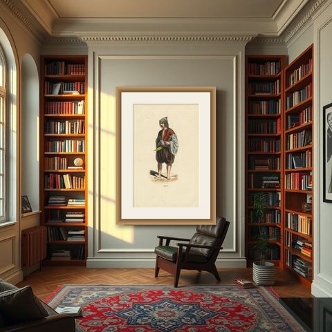 Bulgarian Man in Traditional Dress, Hand-Coloured Lithograph, c.1845, shown framed in a room