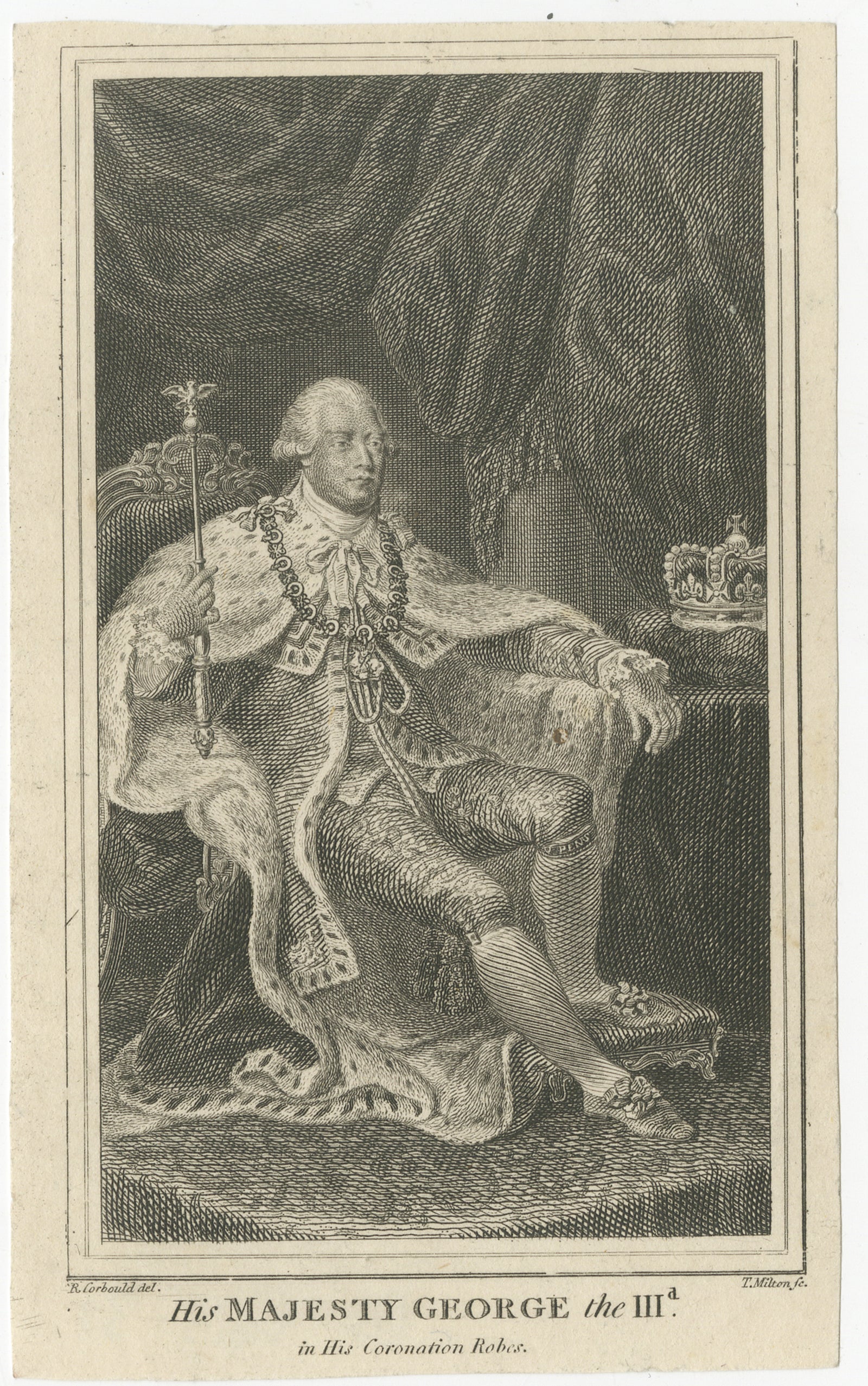 King George III in Coronation Robes, Small Antique Engraved Portrait, c.1780