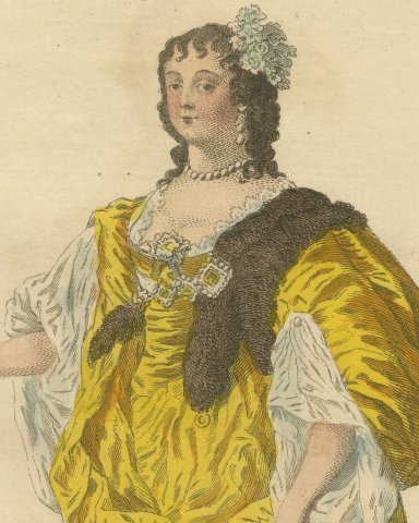 Lady of Quality of England in 1640, Yellow Satin Gown, Jefferys Print, 1757, close-up 1