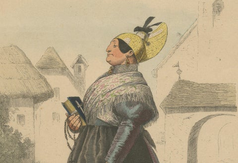 Austrian Folk Costume Pair, Upper Austria, Elegant Rural Figures, 1876, close-up 3