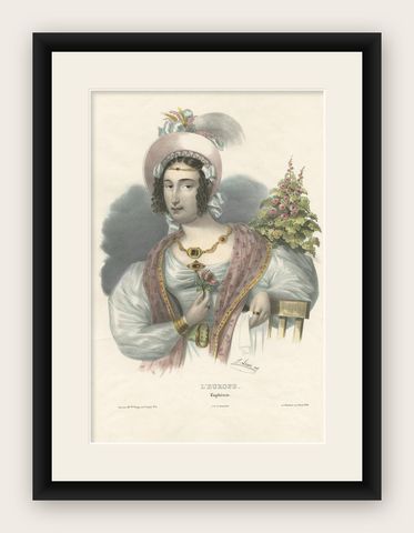 Antique Costume Print of Europe by Lemercier, circa 1840, shown framed