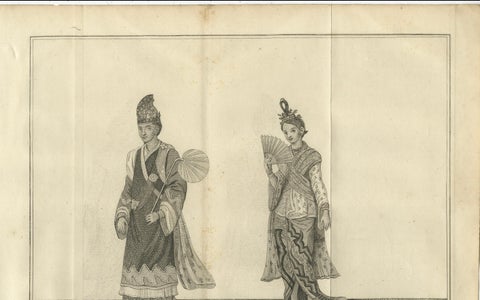 Royal Burmese Official & His Wife in State Attire, Antique Costume Print, c1800, close-up 1