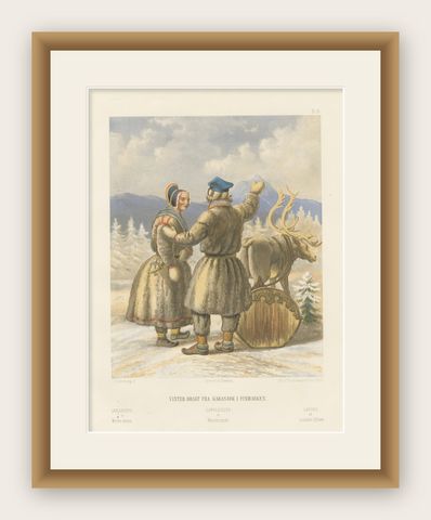 Sámi Winter Dress, Karasjok, Northern Norway, Traditional Arctic Clothing, 1860, shown framed