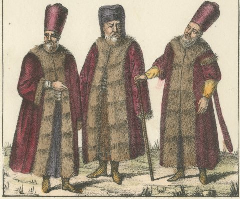 Chief Baker, Head Cook and Ushers in Fur Lined Robes, Hand Colored Print, 1842, close-up 2