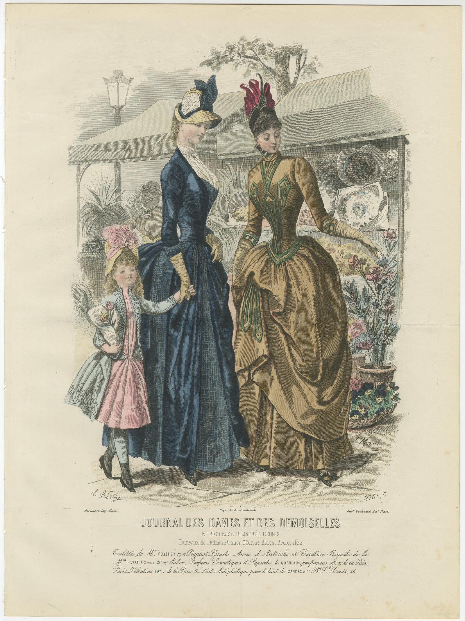 Antique French Fashion Plate, Elegant Ladies in Garden Scene, c.1880
