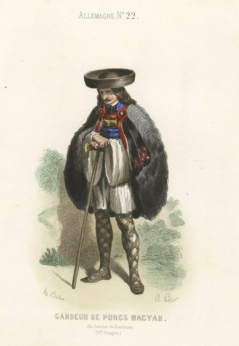 Old Original Antique Hand-Colored Print of a Magyar Pig Keeper in Germany, 1850, close-up 1