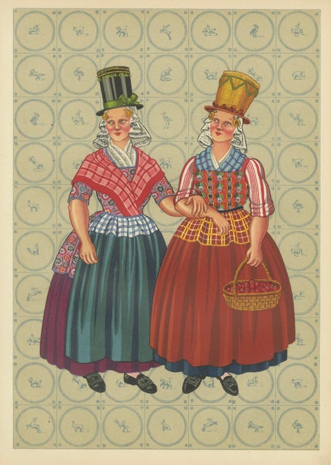 Chromolithograph of Frisian Women in Tall Sunday Hats and Checked Aprons, 1932, close-up 6