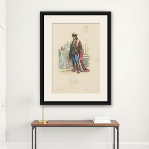 Antique French Costume Print of a Baron and Baroness in Medieval Attire, ca.1860, shown framed on a wall