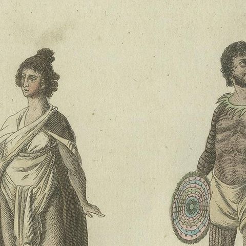 Antique Print of Inhabitants and Costumes of Australia by Bertuch, circa 1800, close-up 1
