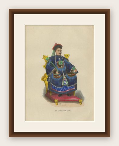 Chinese Emperor Costume Plate, Hand-Colored Lithograph, 1854, shown framed