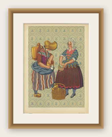 Early 19th c. Brabant Milkmaid & Townswoman in Folk Dress, Published in 1932, shown framed