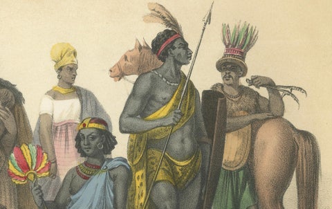South African Costumes, Hottentots, Sudanese Women, and Chief Moussaou, c.1845, close-up 5