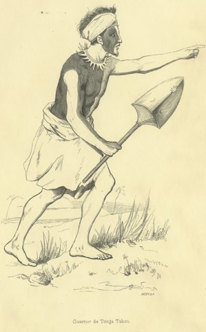Warrior of Tonga Tabou, Antique Wahlen Costume Print, 1843-1844