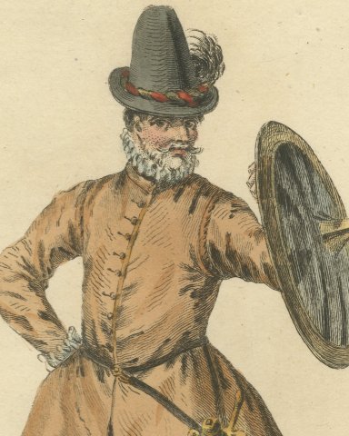 Habit of an English Man in 1577, Sword and Buckler, Jefferys Plate, 1757, close-up 1
