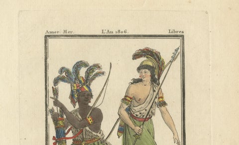 African Amazon and Amazon River Warrior, Hand-Colored Costume Engraving, 1806, close-up 5